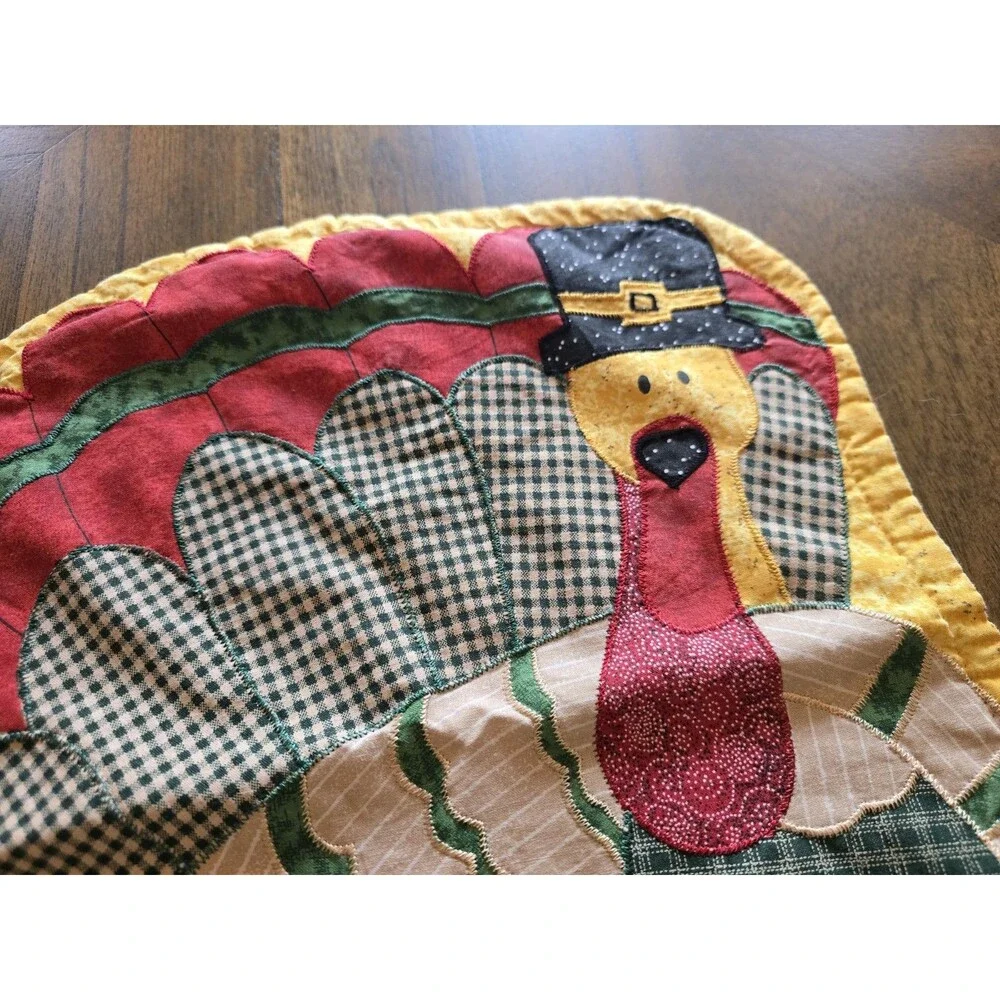 Vintage Thanksgiving Turkey Quilted Placemats Set of 2 Primitive Country Fall